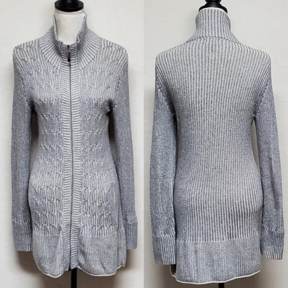 EDDIE Bauer Grey Corded Ribbed Cable Knit Mock Neck Long Sleeve Cardigan Sweater - Picture 1 of 12